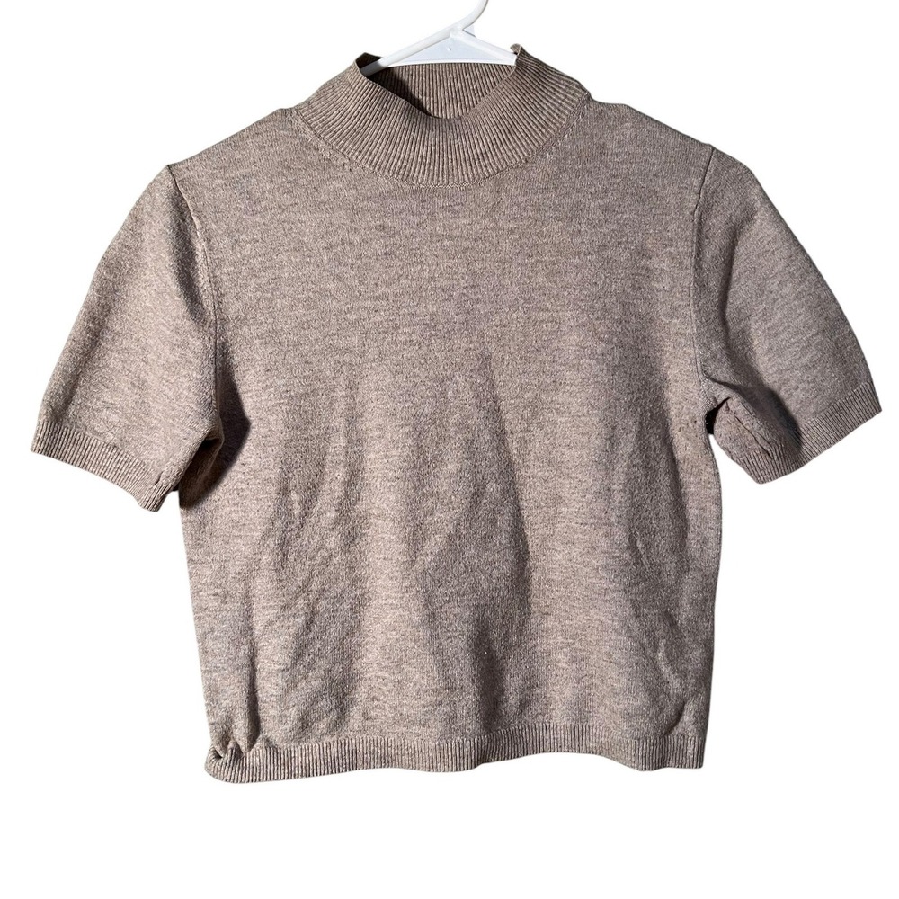 A New Day Womens Sz XS Short Sleeve Mock Neck Sweater Beige Stretch Boxy Cropped